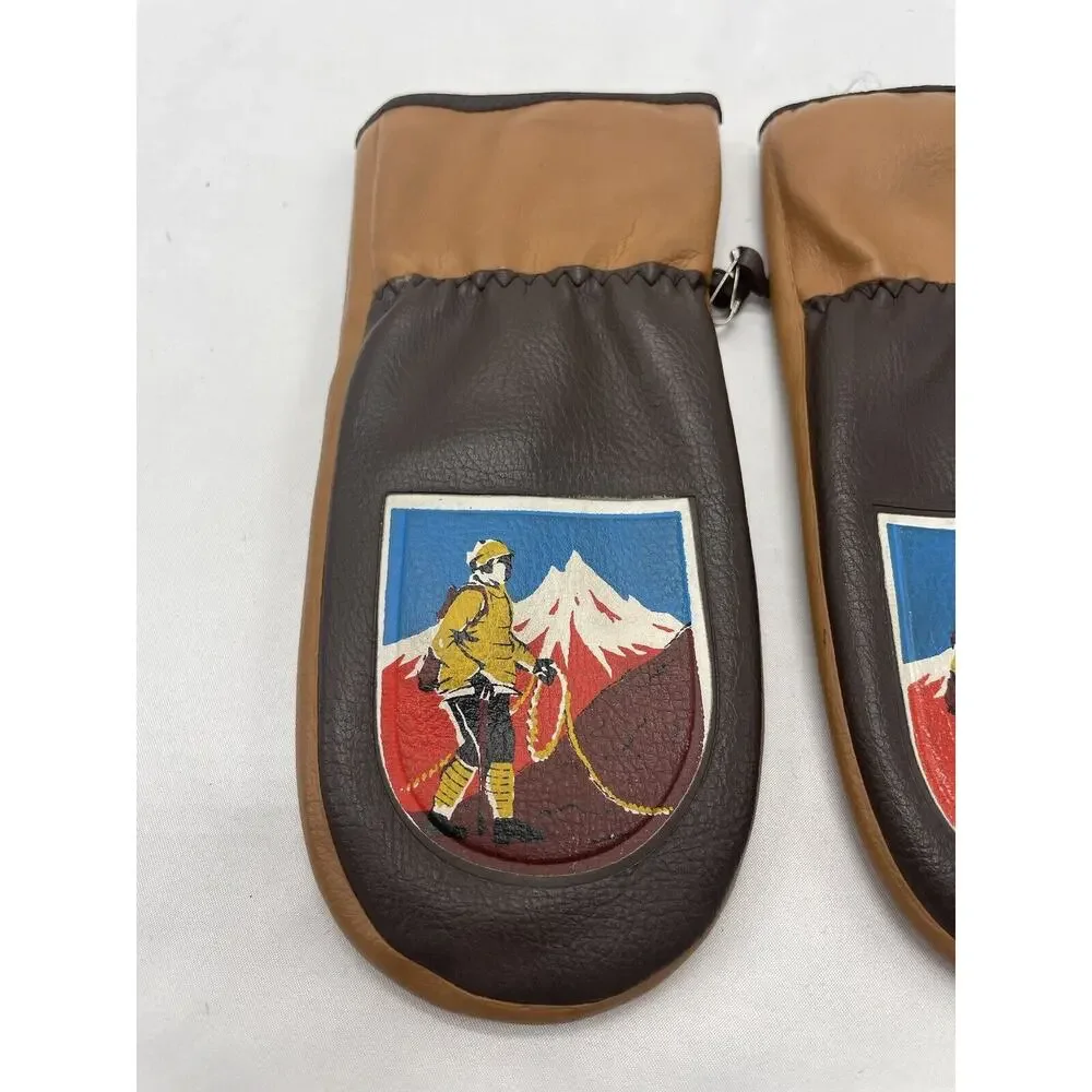 VTG Brown Leather Winter Gloves / Mittens Made in Japan Kids‎ Ages 8-12